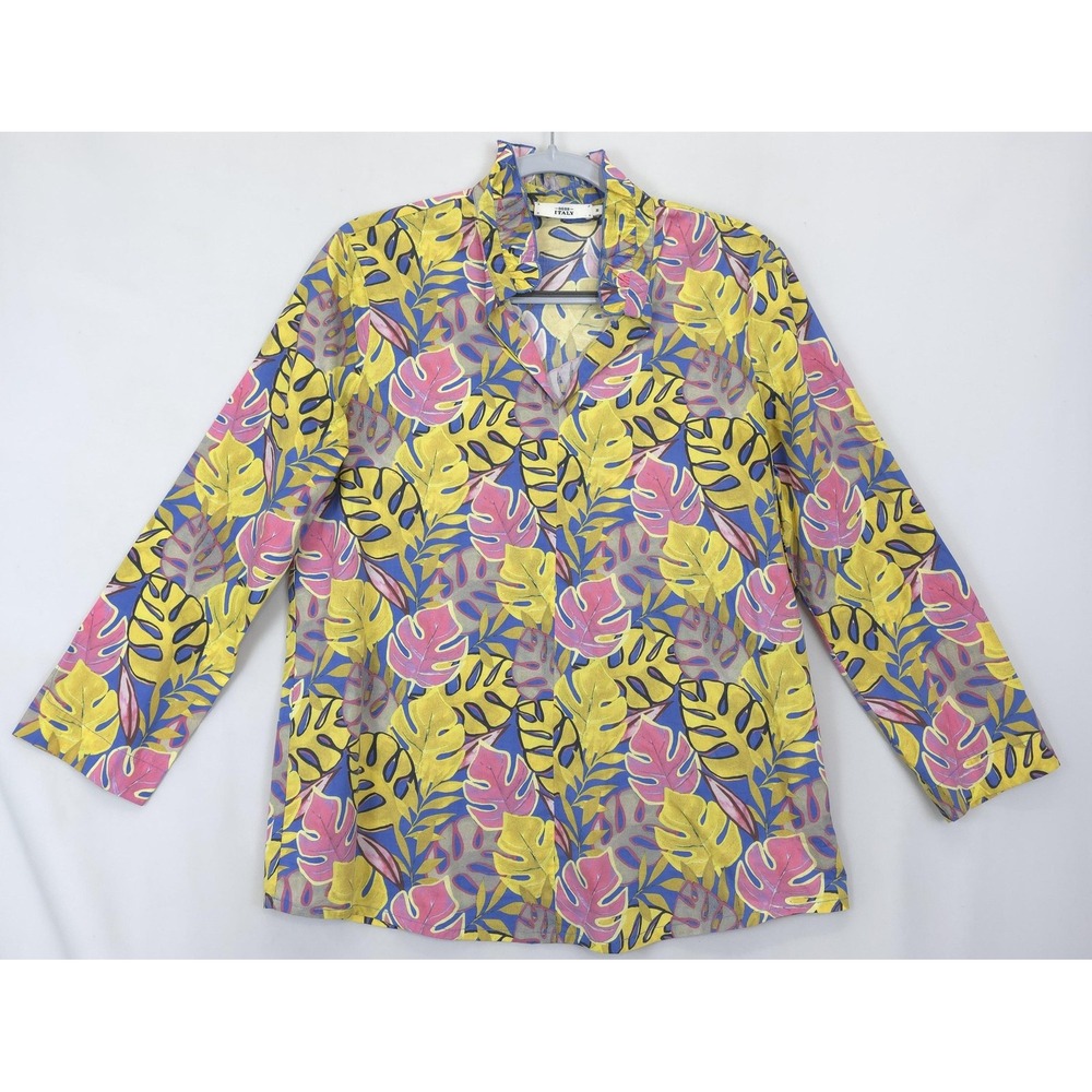 0039 Italy Top Women M Leaf‎ Print Vibrant Yellow Blue Pink Ruffle Neck Artsy